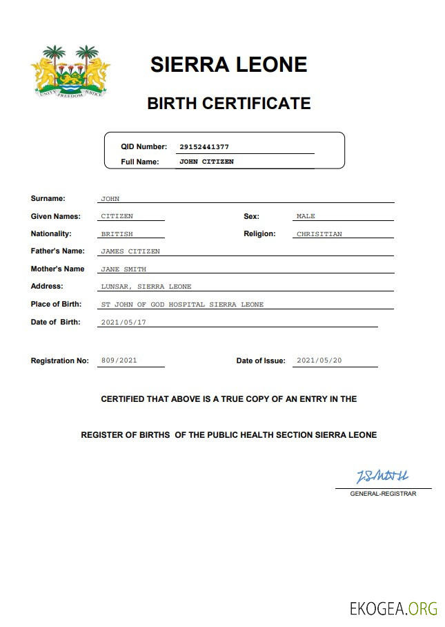 Modèle Word et PDF d'acte de naissance en Sierra Leone